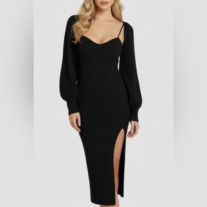 Black Ribbed Knit Midi Dress with Side Slit